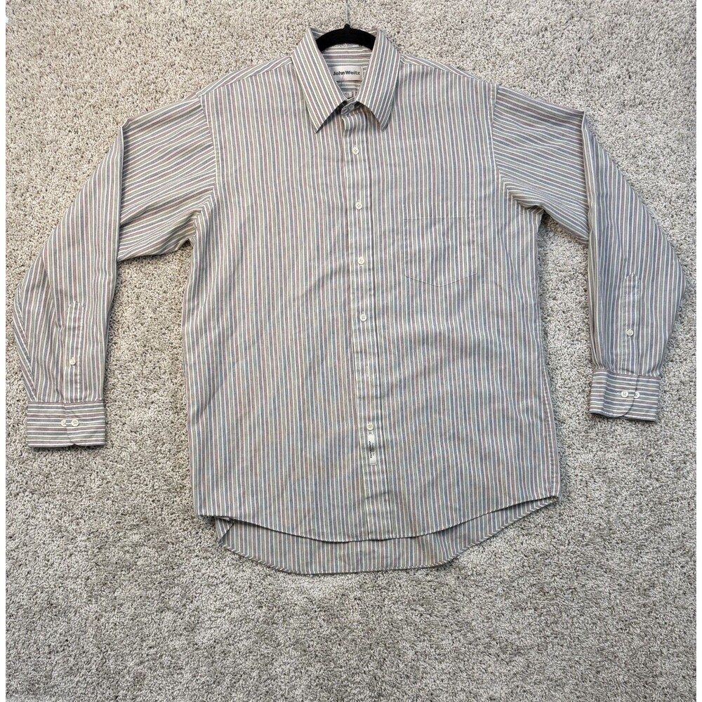 John Weitz Mens Dress Shirt 16.5 34-35 Striped Long Sleeve Cotton Blend